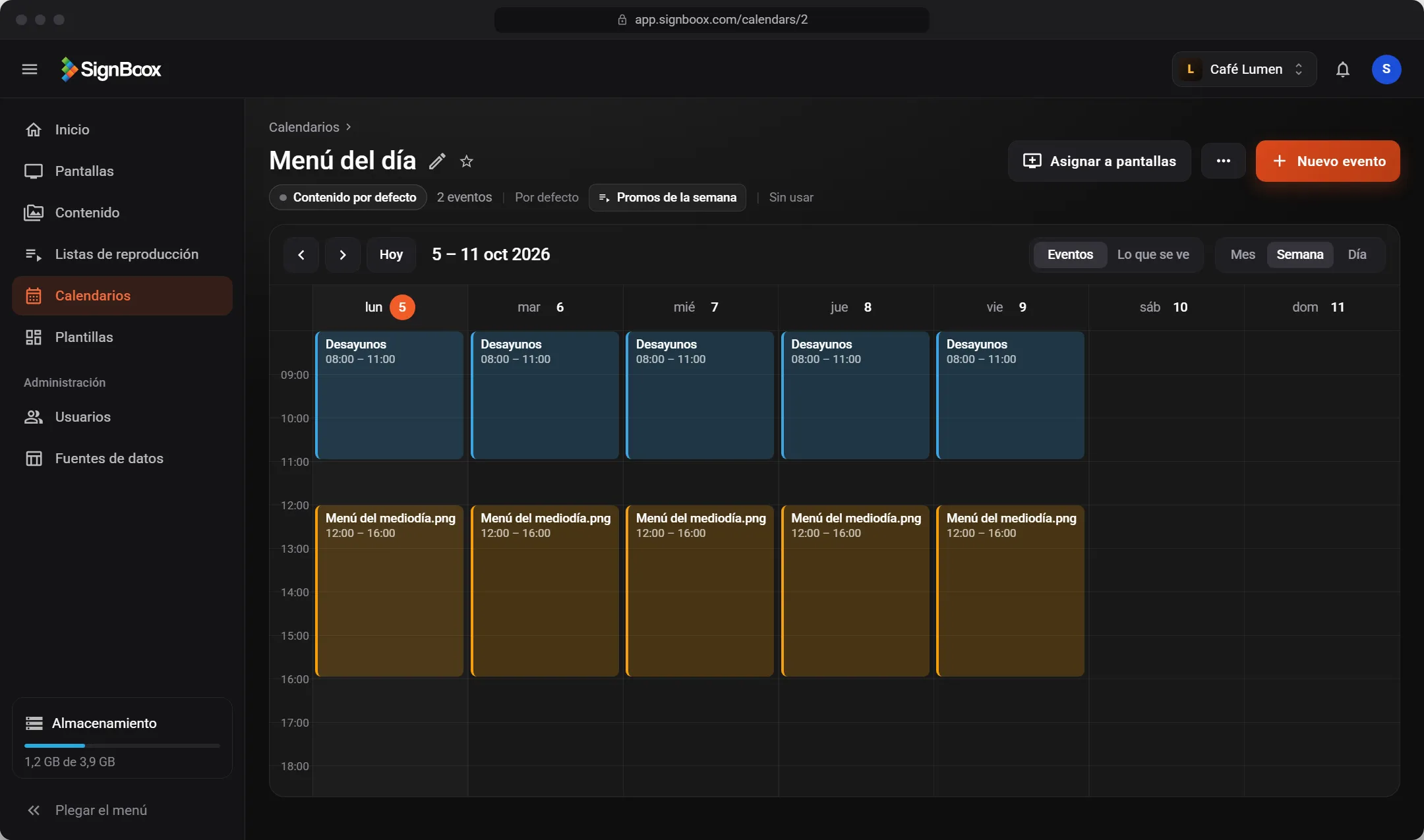 Panel de Signboox: calendarios