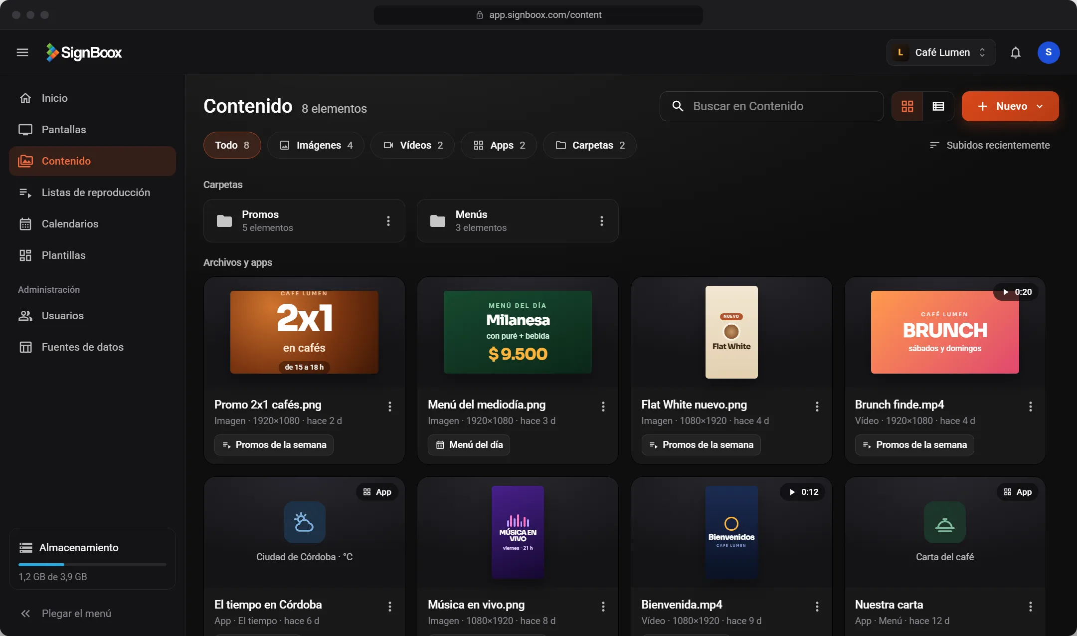 Panel de Signboox: contenidos y apps